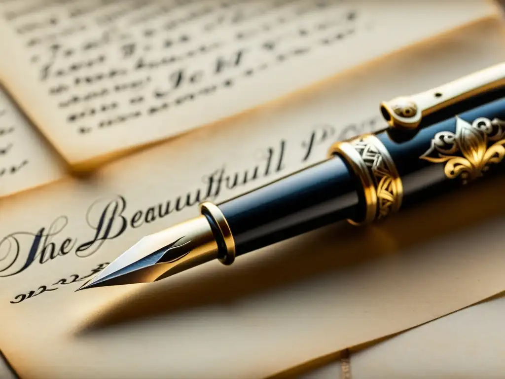 Una pluma vintage descansa sobre pergaminos envejecidos, con caligrafía elegante