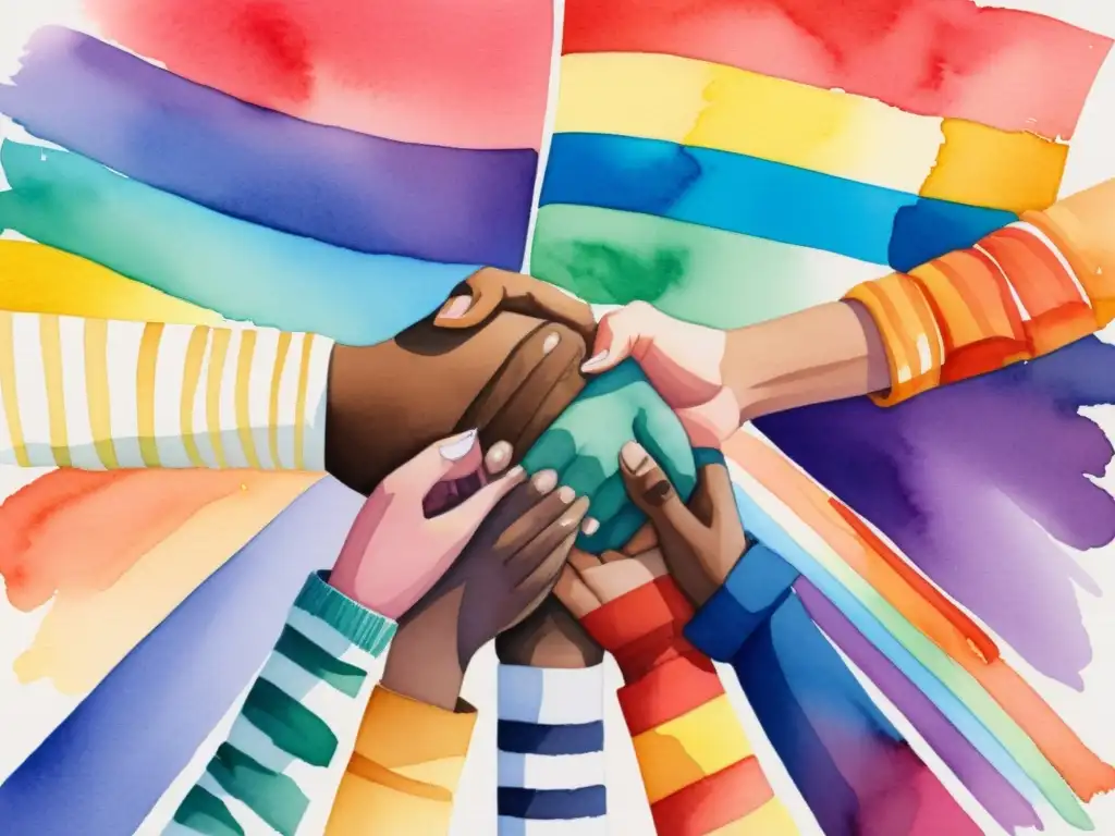 Una poderosa pintura acuarela de diversidad y unidad con banderas LGBTQ+ ondeando en el fondo