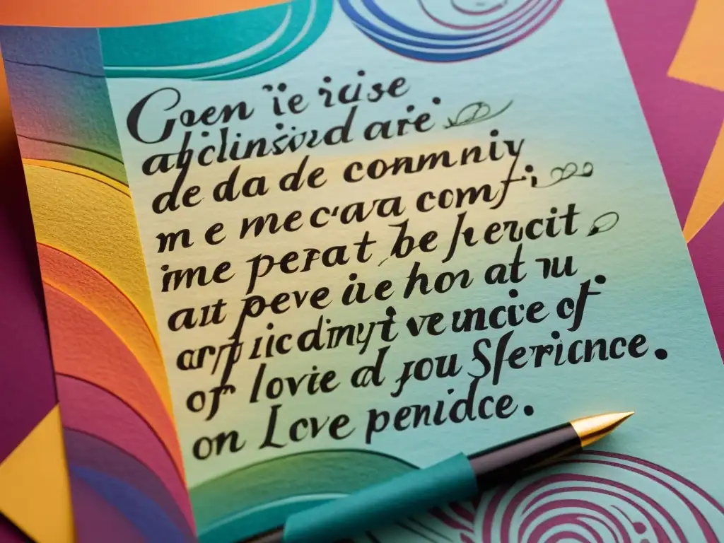 Poema LGBTQ+ con calligrafía elegante, colores vibrantes y frases sobre identidad y amor