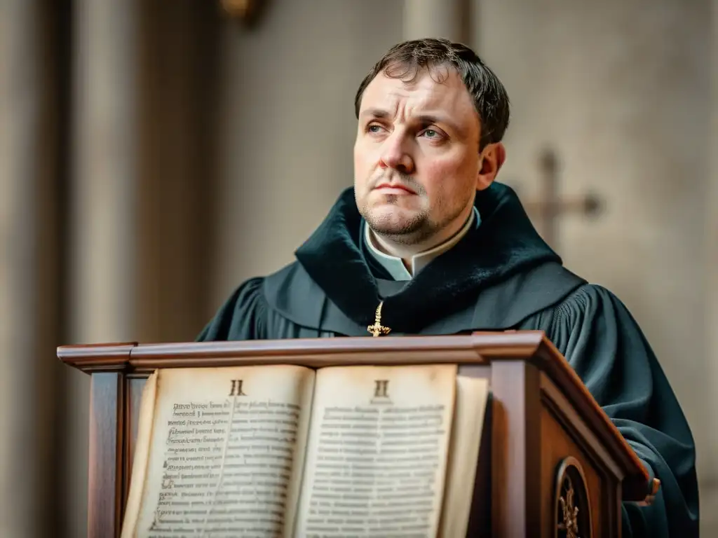 Martin Luther recita un poema con pasión desde un pergamino en la Reforma, irradiando determinación