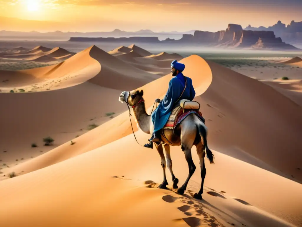 Un poema visual: Un nómada Tuareg cabalga su camello en el bello y árido Sahara al atardecer, con una misteriosa y poética oasis al fondo