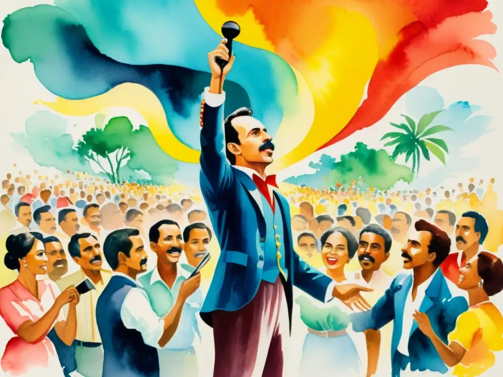 José Martí recita poemas revolucionarios, inspirando a la multitud con colores vibrantes y energía colectiva