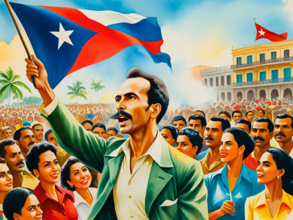 José Martí recita Poemas Revolucionarios con pasión ante una multitud, la bandera cubana ondea al viento