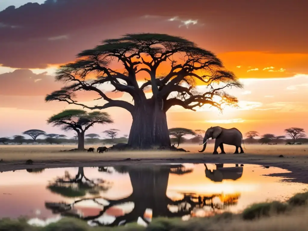 Una poesía africana: baobab solitario en la savana, animales reunidos en un atardecer multicolor