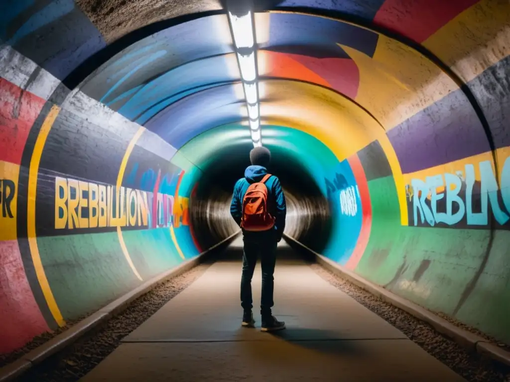 Explorando la poesía alternativa subterránea, un personaje contempla los murales rebeldes y coloridos en un túnel oscuro