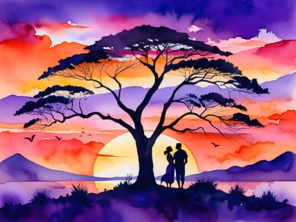 Una poesía de amor y desamor en África: pareja abrazada contempla un vibrante atardecer africano entre acacias