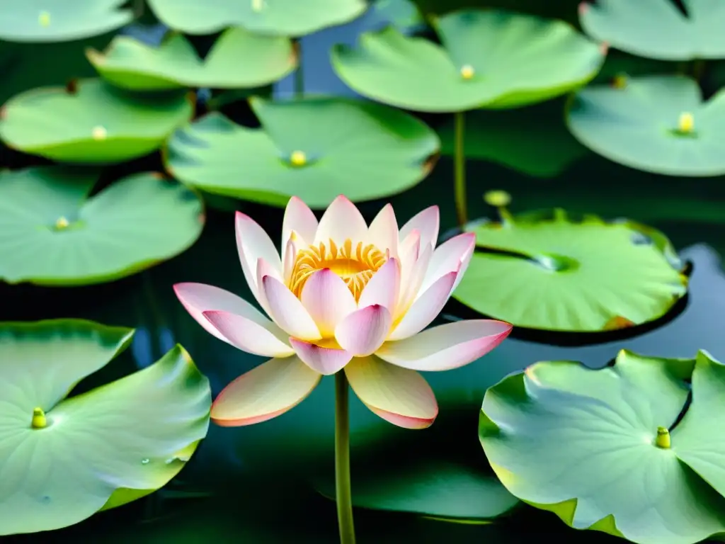 Una poesía budista traducida en belleza espiritual: un loto en flor rodeado de lirios en un sereno estanque