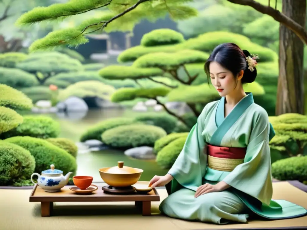 Una poesía de culturas lejanas ventajas: una pintura acuarela vibrante de una ceremonia del té japonesa tradicional, con kimonos detallados, delicadas tazas de té y un sereno jardín