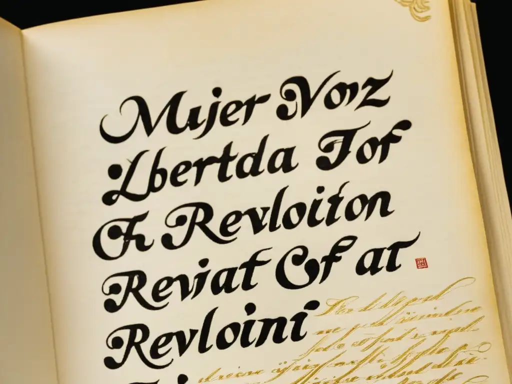 Una poesía feminista en elegante caligrafía, con las palabras 'mujer', 'libertad', 'revolución', y 'voz' en primer plano