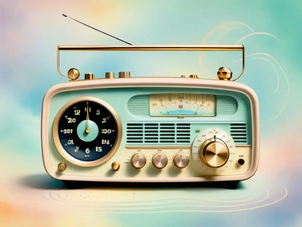 Difundir poesía en formato radio: Una pintura acuarela etérea de una radio vintage en un ambiente onírico y nostálgico