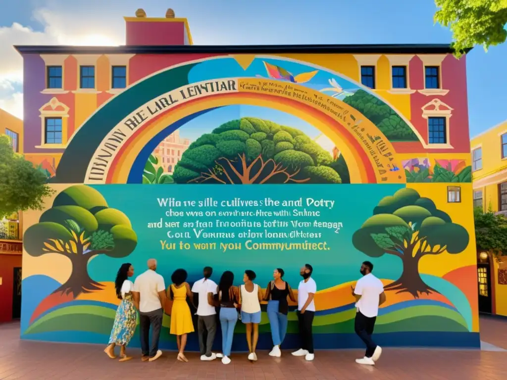 Poesía que trasciende fronteras culturales: mural vibrante muestra diversidad y unión a través de la poesía en una animada plaza urbana