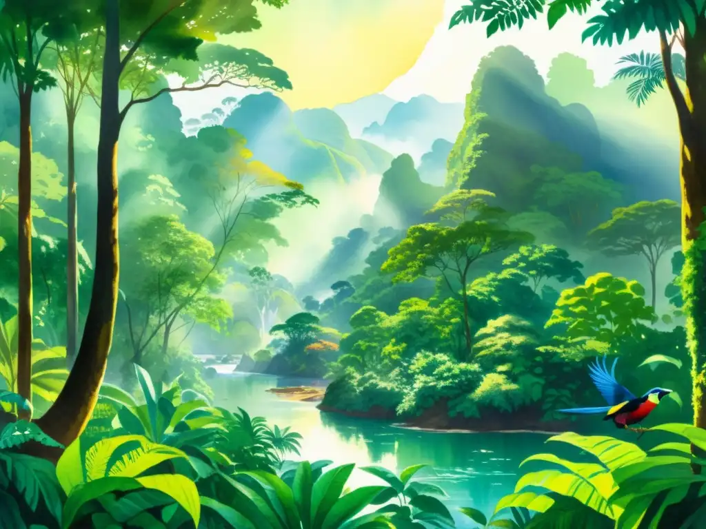 Una poesía indígena lucha por tierra en un exuberante y vibrante bosque tropical, con aves exóticas y un río serpenteante entre la densa vegetación