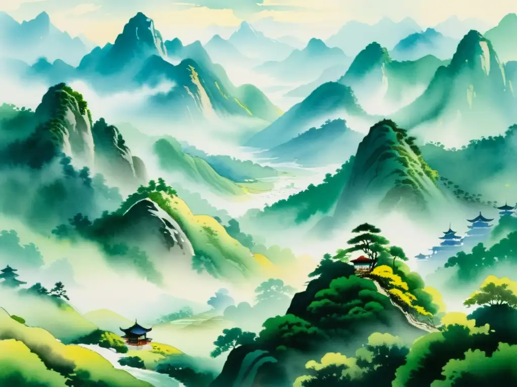 Una poesía militar china traducida en una serena pintura de paisaje con montañas y artes marciales