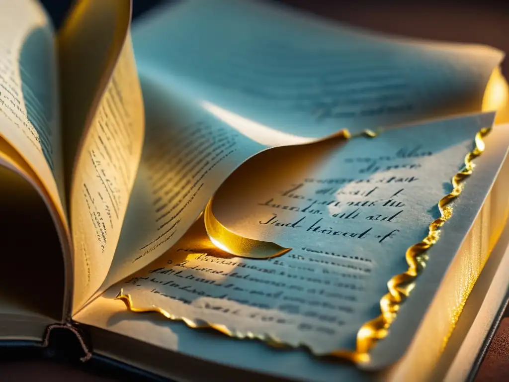 Explorar poesía mundial en un sofá virtual con un libro de cuero desgastado y poesía escrita a mano en papel envejecido iluminado por luz suave