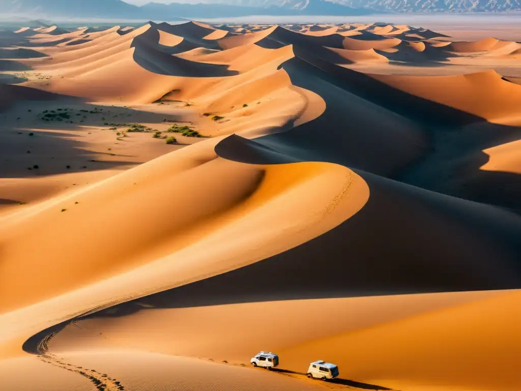 Una poesía nómada en Asia Central: deslumbrante paisaje de dunas de arena y caravana de viajeros, bajo el cálido sol dorado