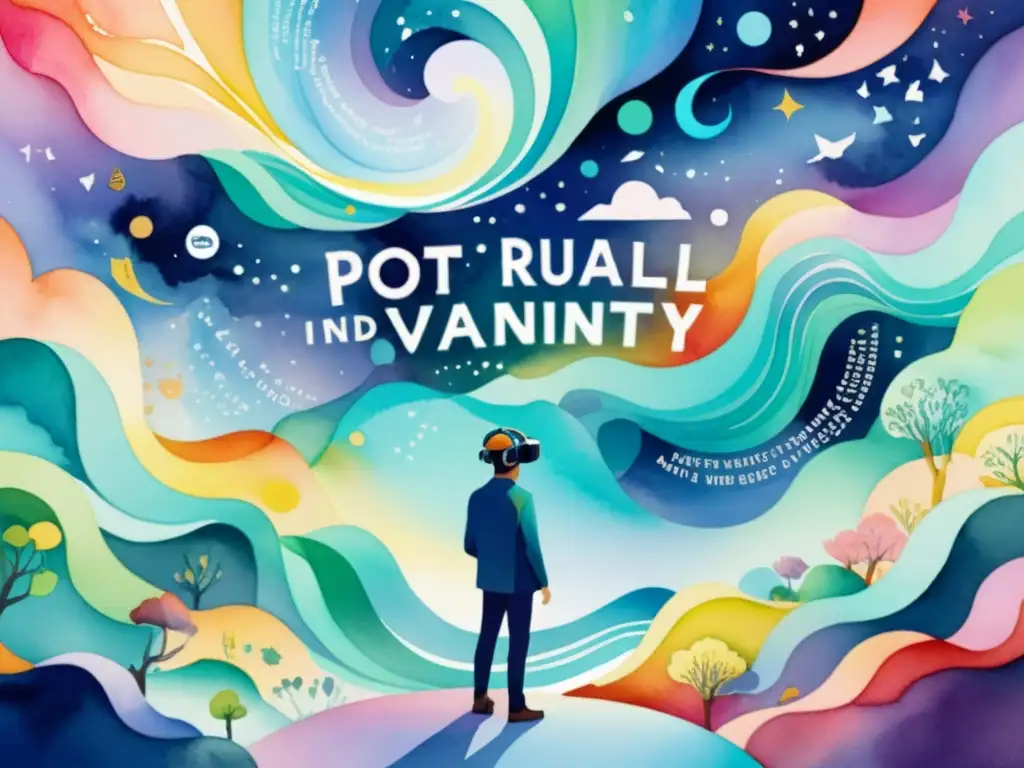 Poesía en realidad virtual inmersiva: Ilustración acuarela de un poeta en un mundo digital surrealista y vibrante, donde sus palabras cobran vida