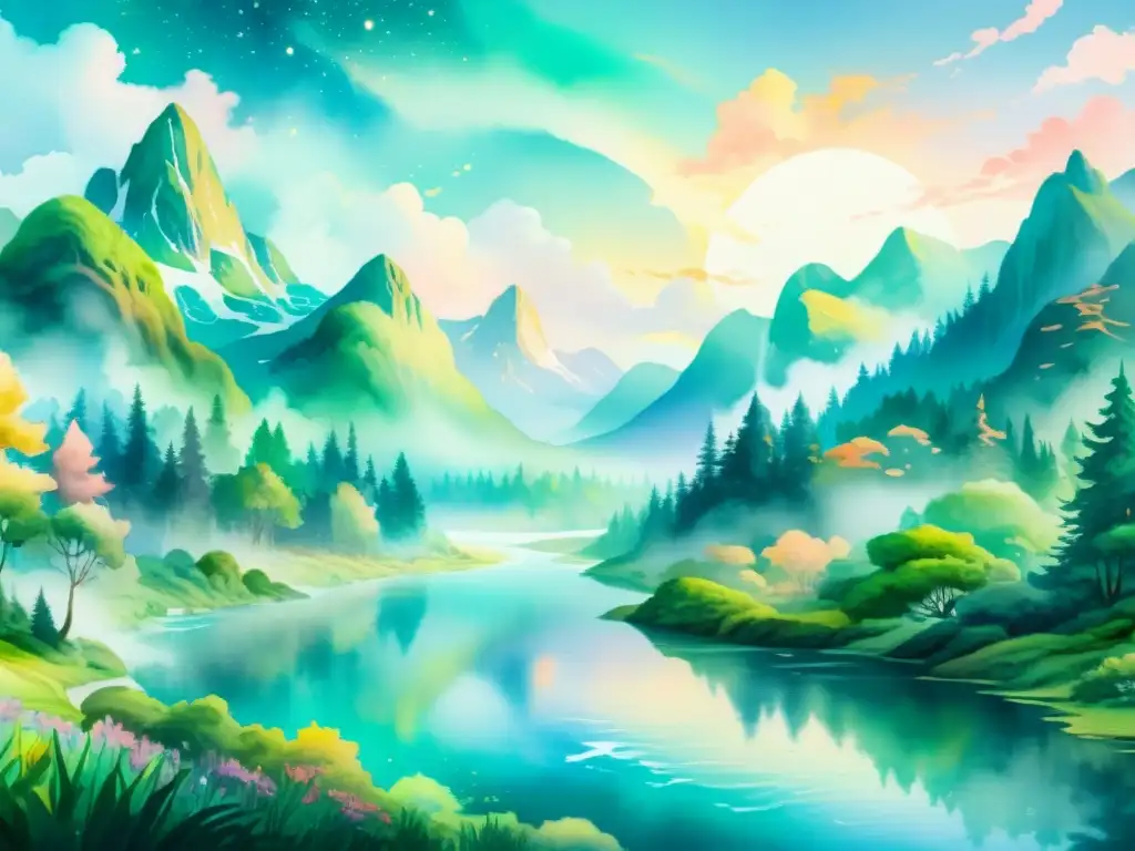 Poesía en realidad virtual inmersiva: pintura acuarela 8k de paisaje sereno y fantástico, con río, bosque exuberante y cielo de tonos pastel