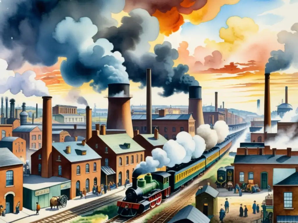 Una poesía en la Revolución Industrial: acuarela detallada de una bulliciosa ciudad industrial, con humeantes chimeneas y trenes de vapor