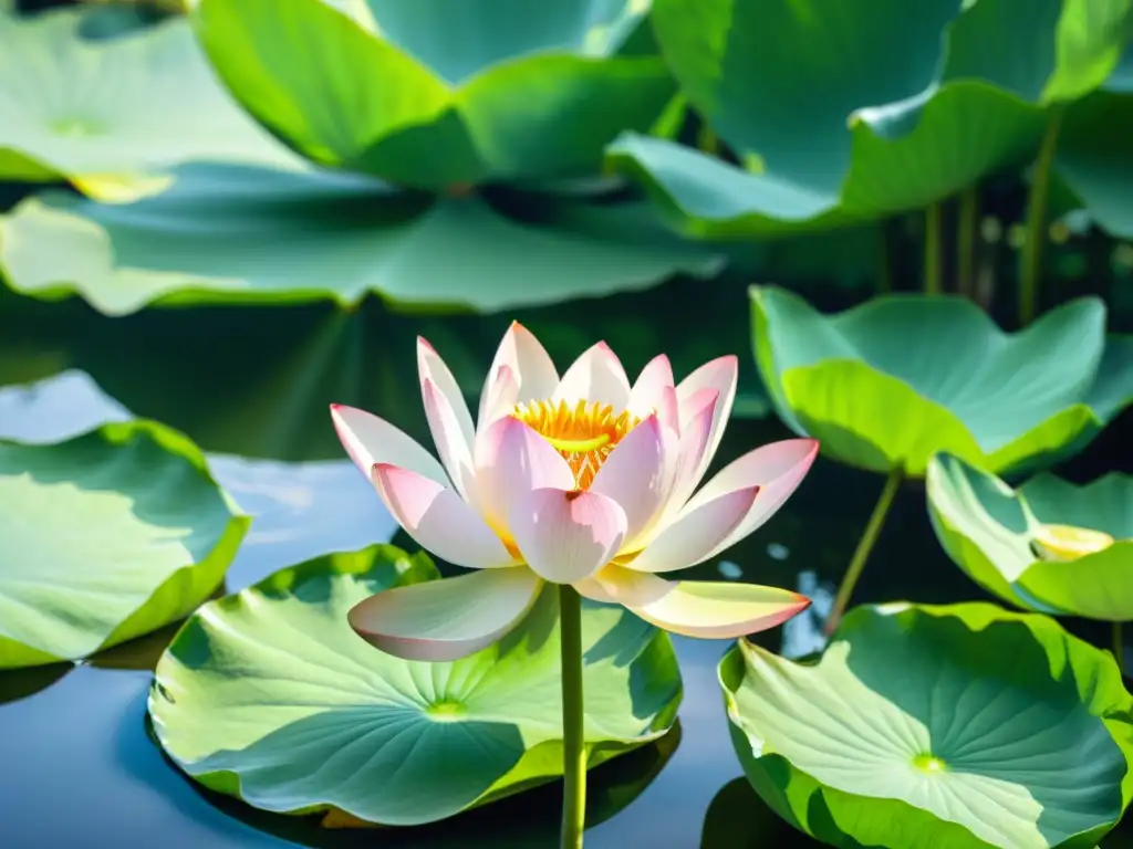 Una poesía sánscrita en la meditación: un loto sereno desplegando sus delicados pétalos en un estanque cristalino, bañado por una suave luz