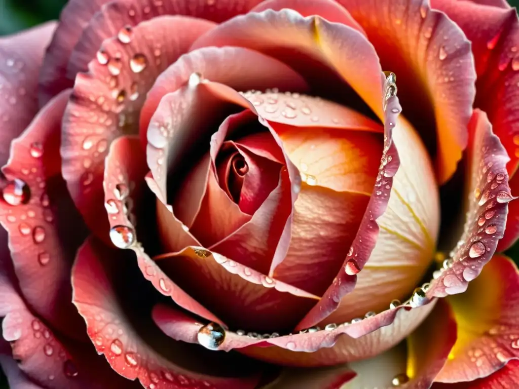 Una poesía sensorial para estimular los sentidos: un vibrante rosal rojo en plena floración con delicadas gotas de rocío brillando en sus pétalos aterciopelados bajo la suave luz matutina