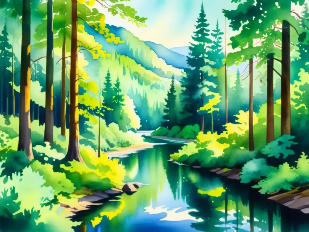 Una poesía a través de las épocas: pintura acuarela de un sereno bosque con río serpenteante, reflejando la belleza natural