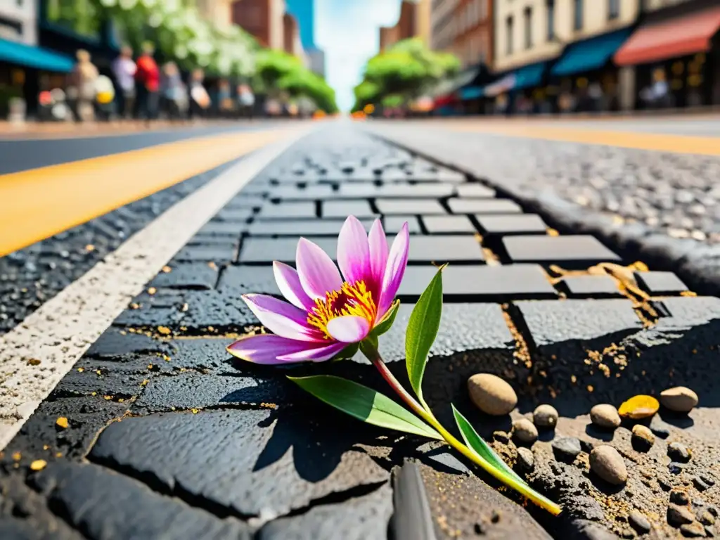 Una poesía urbana: una flor vibrante emerge de un agrietado asfalto, contrastando con la ciudad en tonos suaves