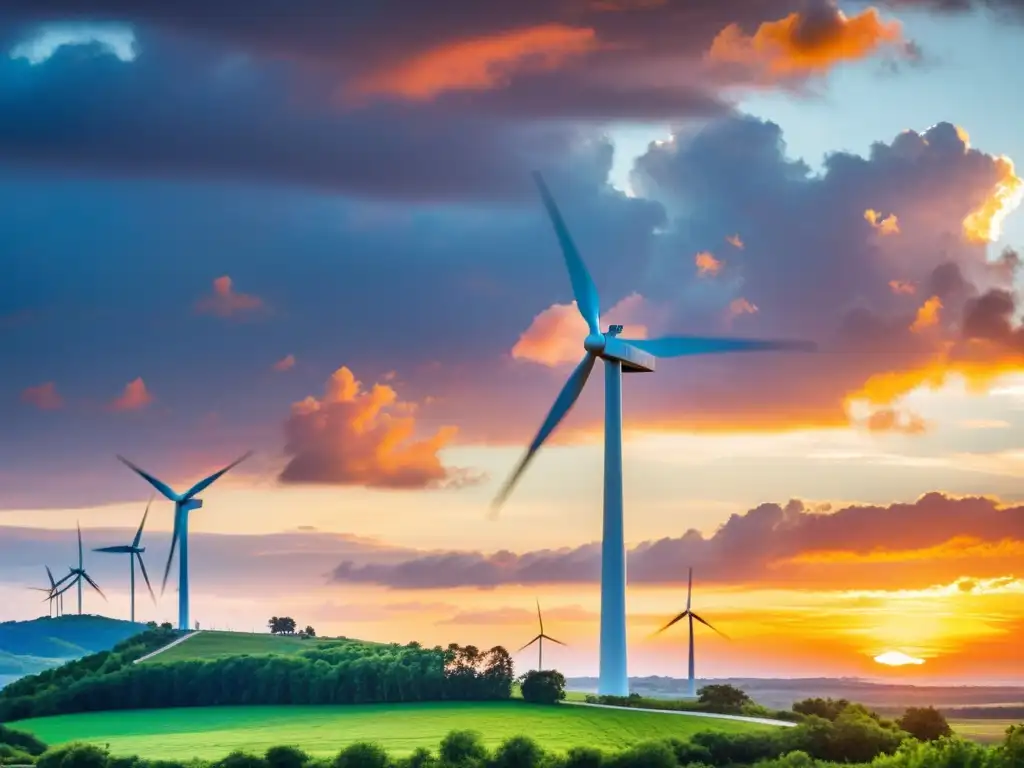 La poesía del viento alerta ecológica: un majestuoso aerogenerador capturando la energía del atardecer en un paisaje lleno de esperanza