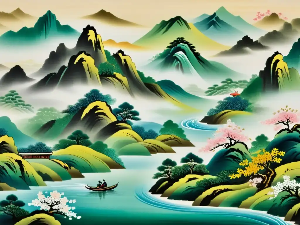 Una poesía visual de la dinastía Ming: paisaje montañoso sereno, río sinuoso y delicados cerezos en flor