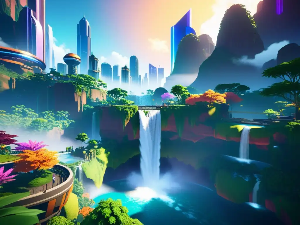 Una poesía visual en videojuegos: un mundo virtual impresionante con paisajes vibrantes, rascacielos futuristas, cascadas y flora exuberante