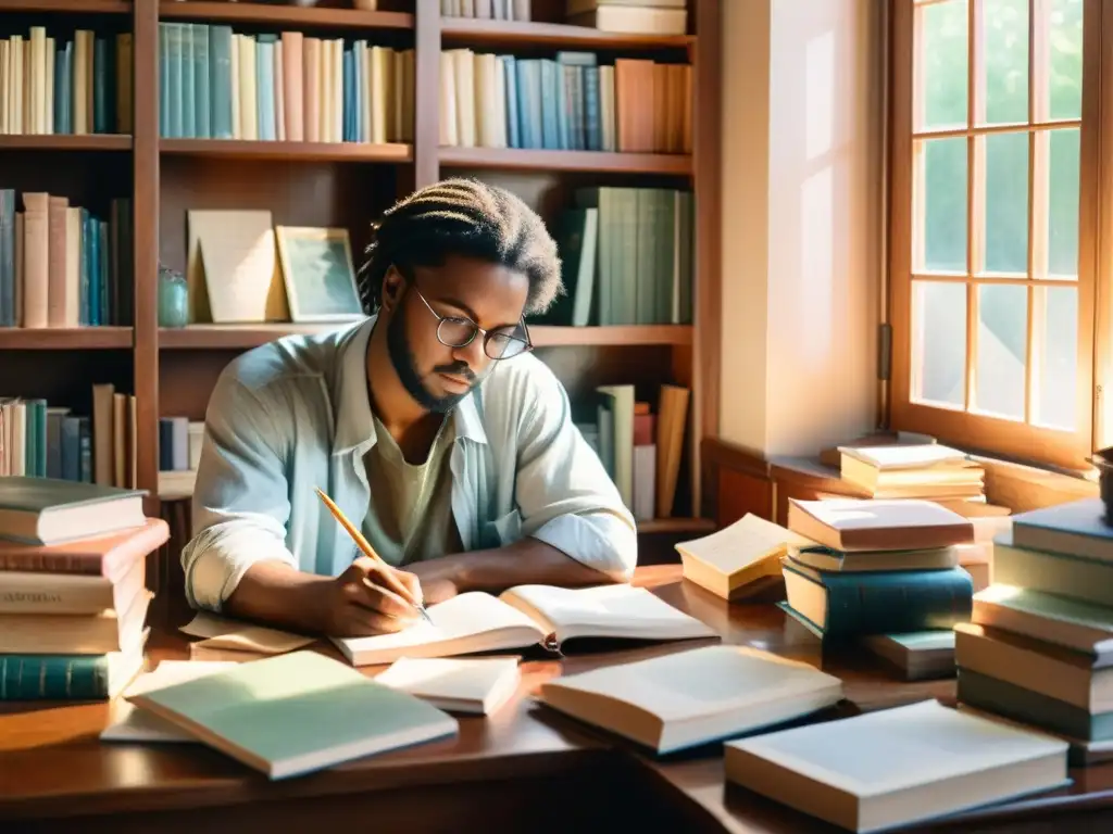 Un poeta absorto en su escritura, rodeado de libros y utensilios, bajo una luz cálida