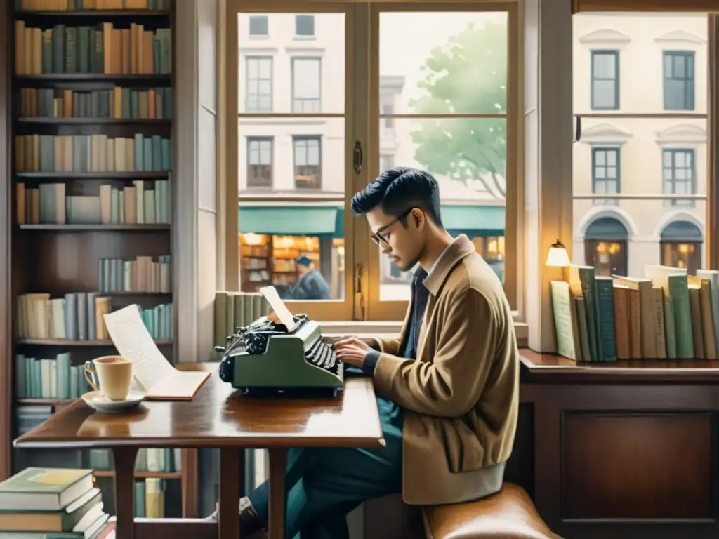 Un poeta escribiendo en una acogedora cafetería, rodeado de libros y una taza de té, con lluvia en la ventana