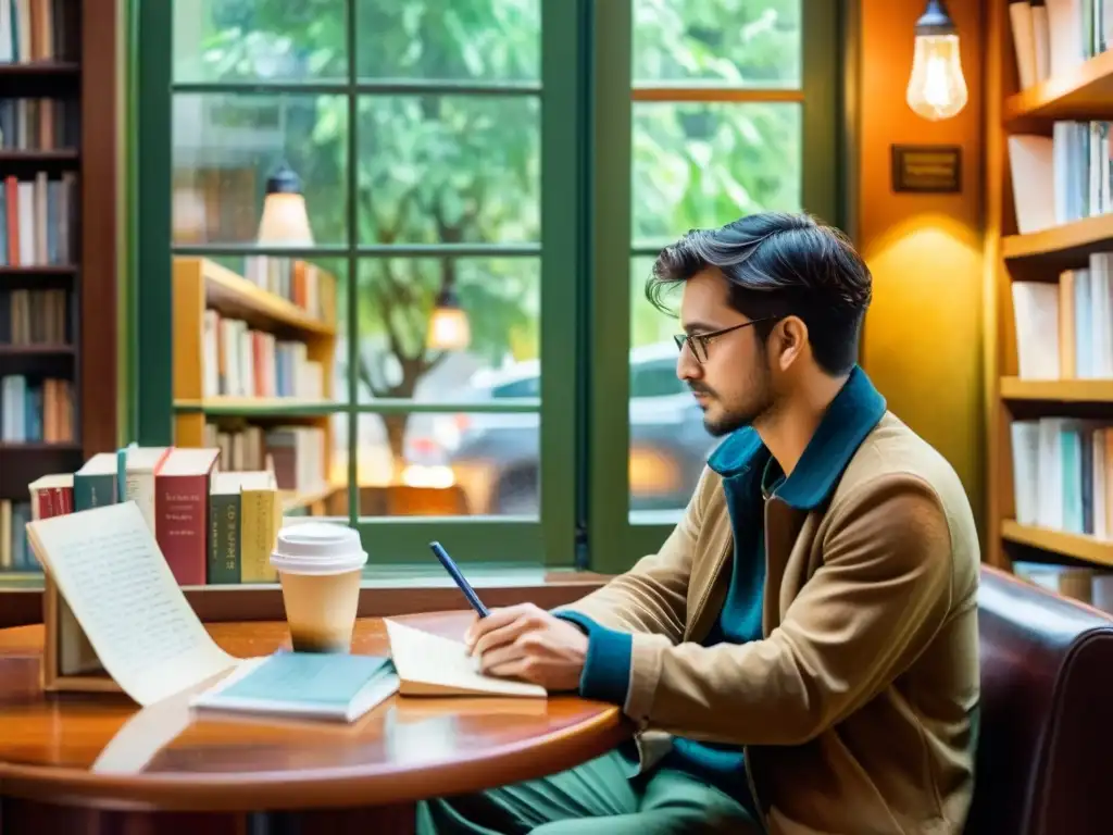 Un poeta reflexiona en una acogedora cafetería, rodeado de libros y un cuaderno, mirando la lluvia