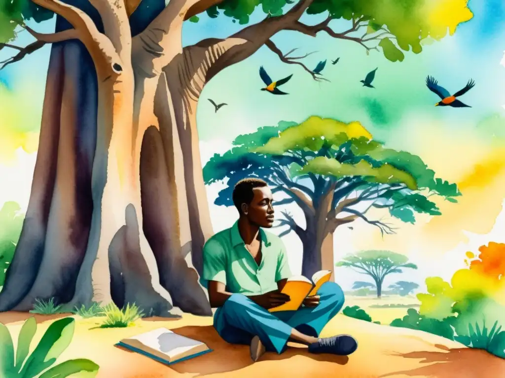 Un poeta africano occidental contemporáneo reflexiona bajo un baobab, rodeado de colorida naturaleza y aves, en una pintura acuarela vibrante