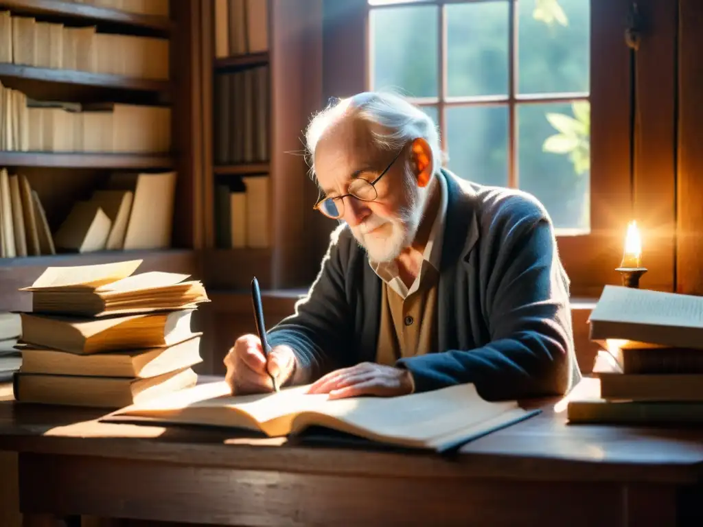 Un poeta anciano escribe versos éticos de poesía mundial en un estudio iluminado por la luz del sol, rodeado de libros y paz