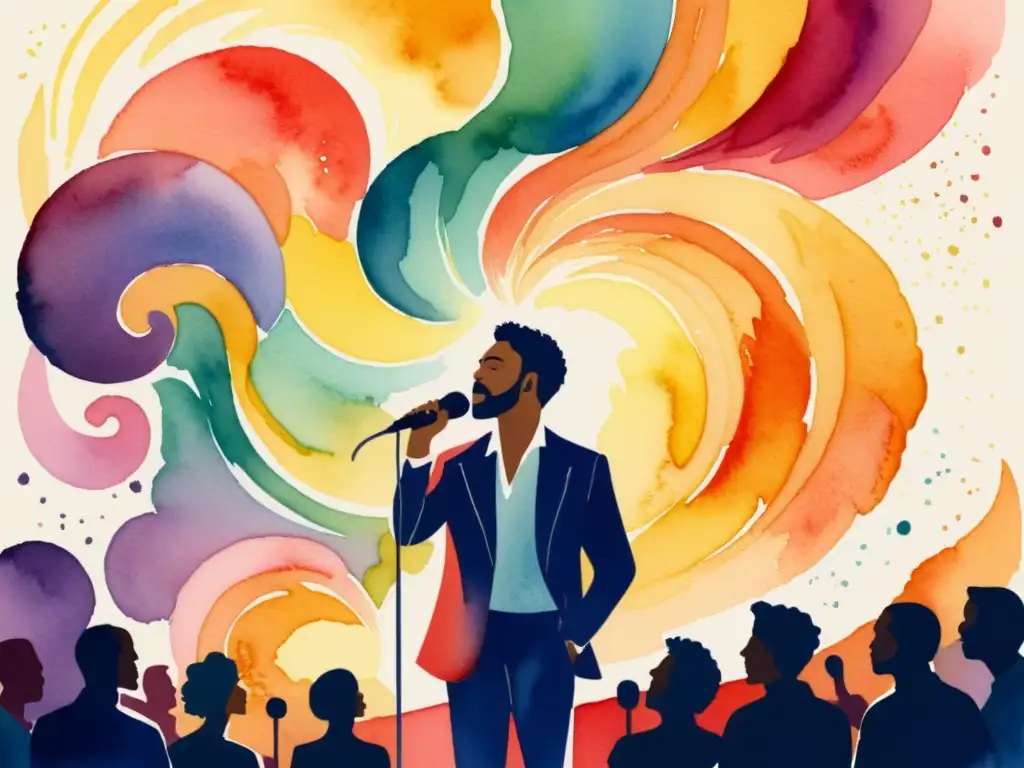 Poeta apasionado en escena: ilustración acuarela Un poeta apasionado declama en un escenario, rodeado de colores vibrantes evocadores de la creatividad y emoción de la palabra hablada