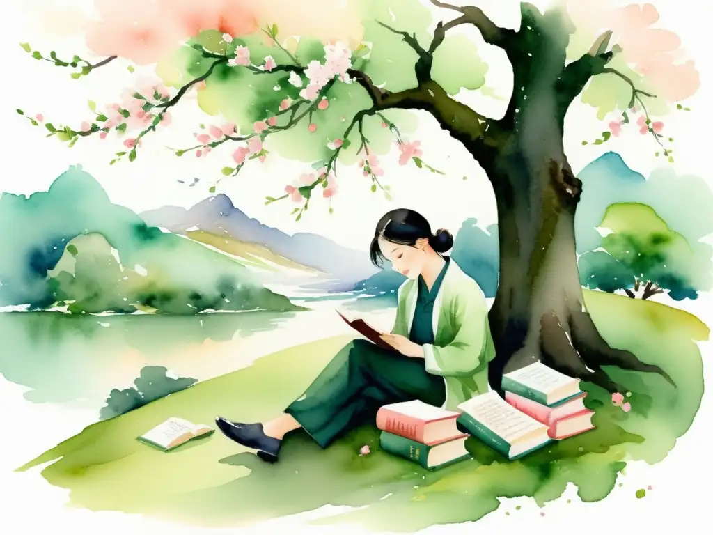 Un poeta bajo un árbol de cerezo en flor, rodeado de libros de poesía y materiales de escritura