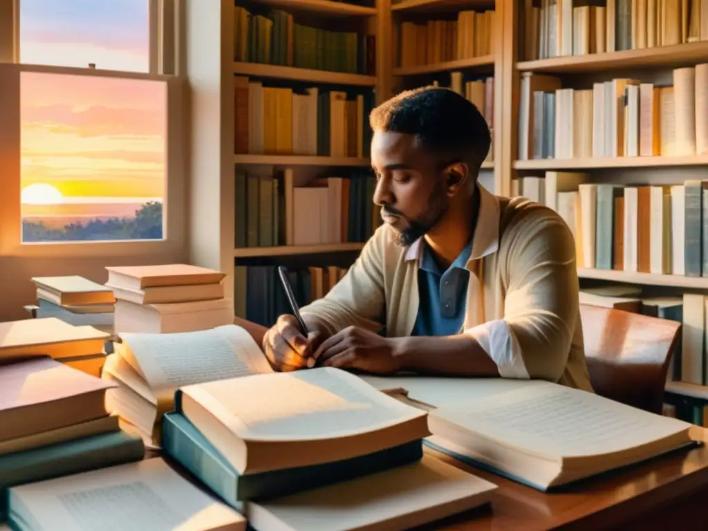 Un poeta se inspira ante un atardecer dorado, rodeado de libros y papeles