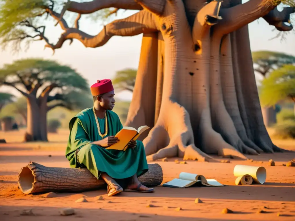 Poeta Hausa reflexiona bajo el baobab al atardecer, rodeado de pergaminos antiguos y cuadernos modernos