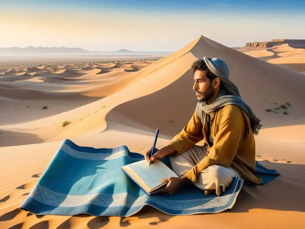 Un poeta beduino contempla el vasto desierto en una pintura acuarela detallada