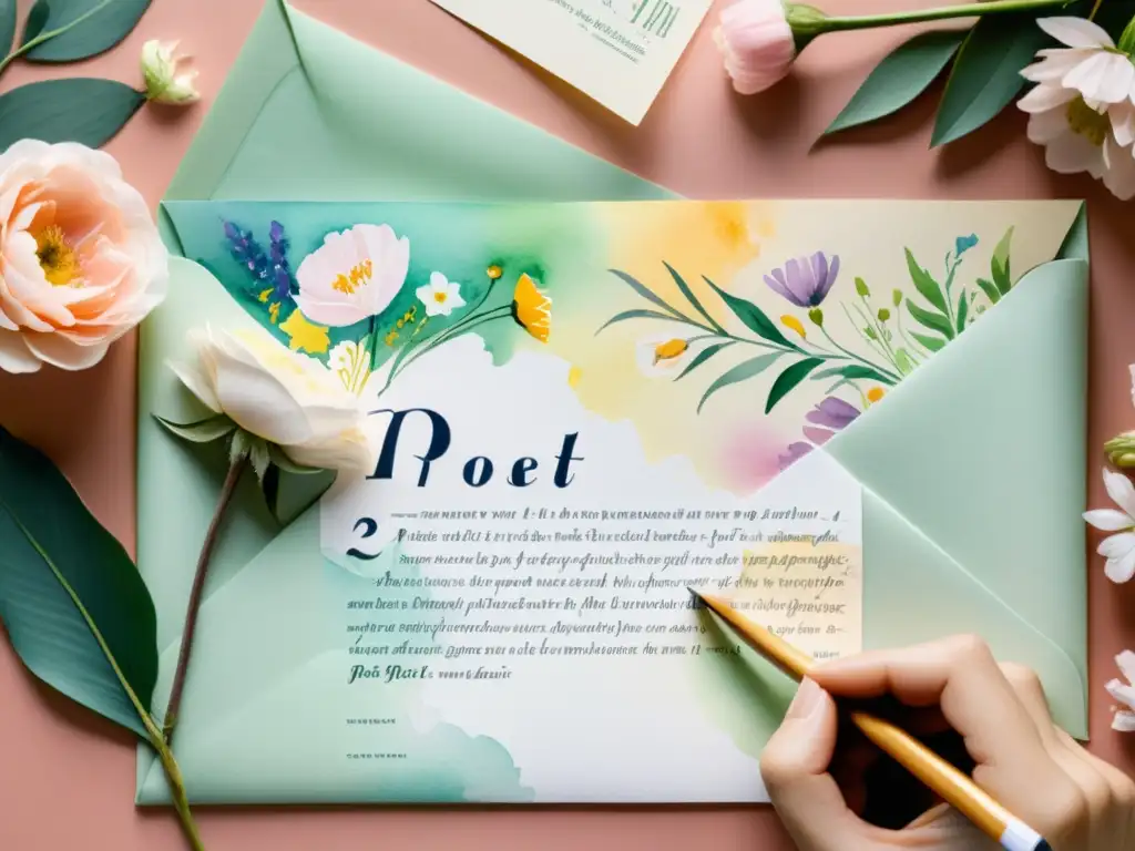 Un poeta compone un boletín poético rodeado de flores y cartas, capturando la esencia del email marketing poesía fidelización