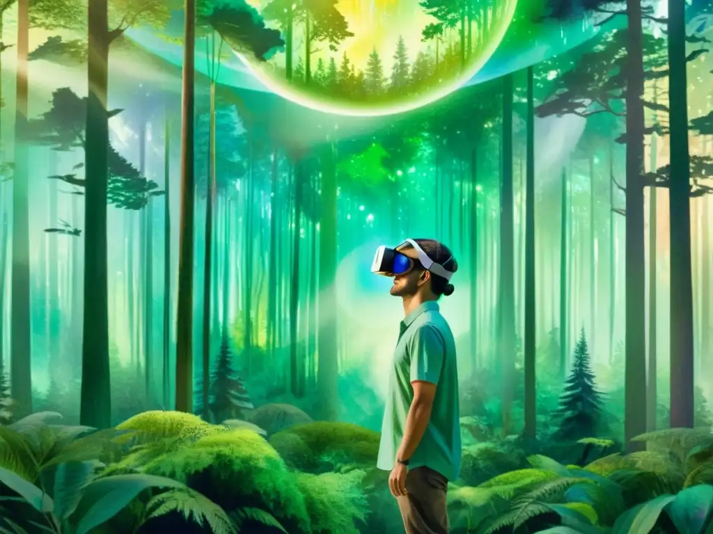 Un poeta en un bosque mágico, tocando un poema holográfico en realidad virtual