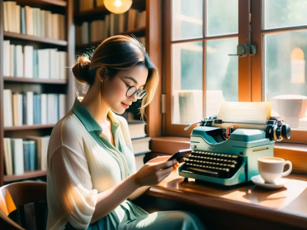 Un poeta en un café acogedor escribe en una máquina de escribir, rodeado de libros y una taza de café