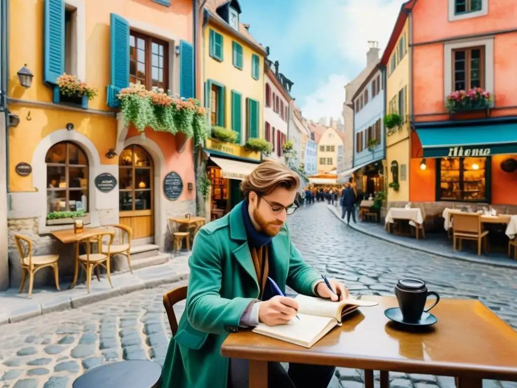 Un poeta se inspira en un café europeo, rodeado de calles empedradas y edificios coloridos, capturando la esencia de la exploración y la poesía