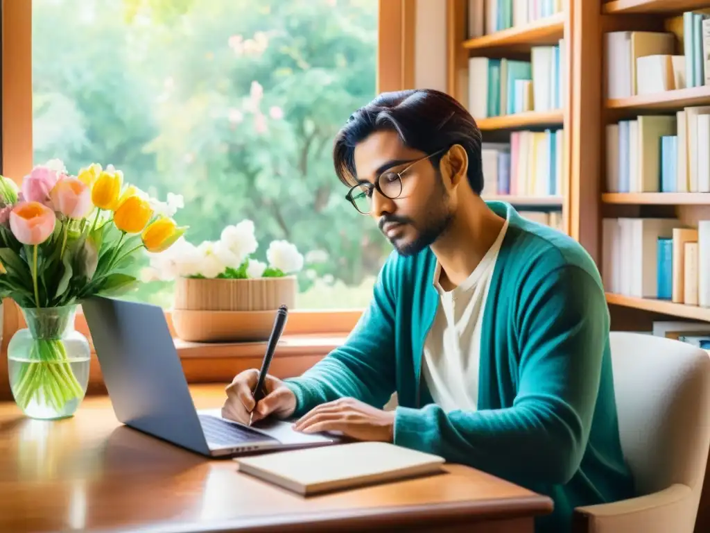 Un poeta se concentra en escribir una carta, rodeado de flores, libros y una atmósfera serena, fusionando email marketing y poesía