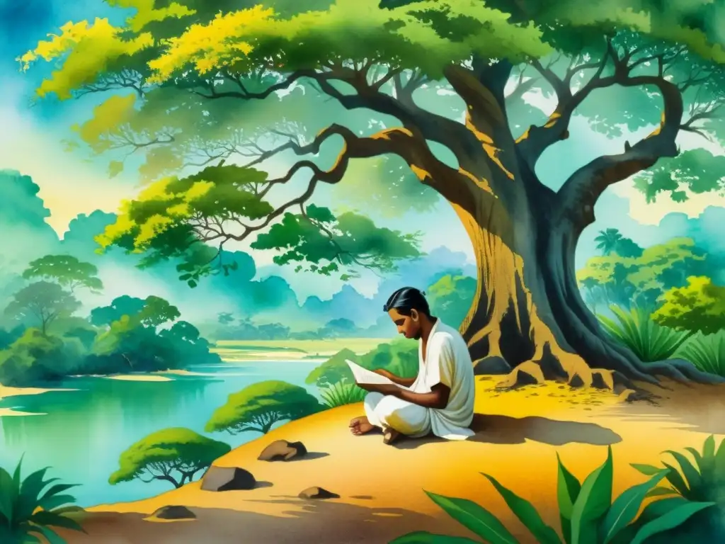 Un poeta clásico de Sri Lanka componiendo versos bajo un árbol Bodhi, rodeado de naturaleza exuberante y escrituras en sánscrito y pali