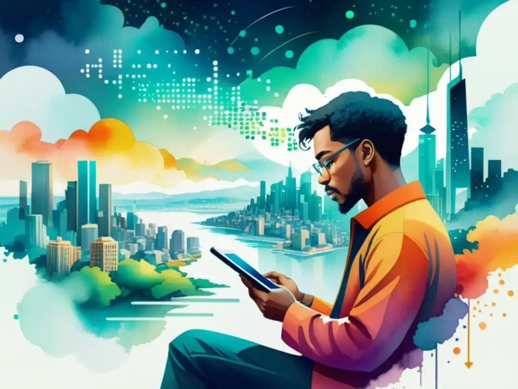 Un poeta concentradamente componiendo versos en una tableta digital, rodeado de una ciudad futurista con código blockchain