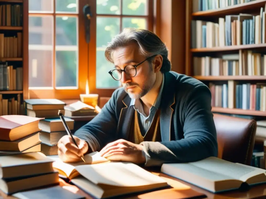 Un poeta concentrado escribe en su diario rodeado de libros, bañado por la cálida luz del sol