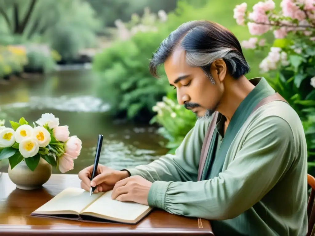 Un poeta concentrado escribiendo en un entorno sereno, rodeado de flores y con un suave arroyo de fondo