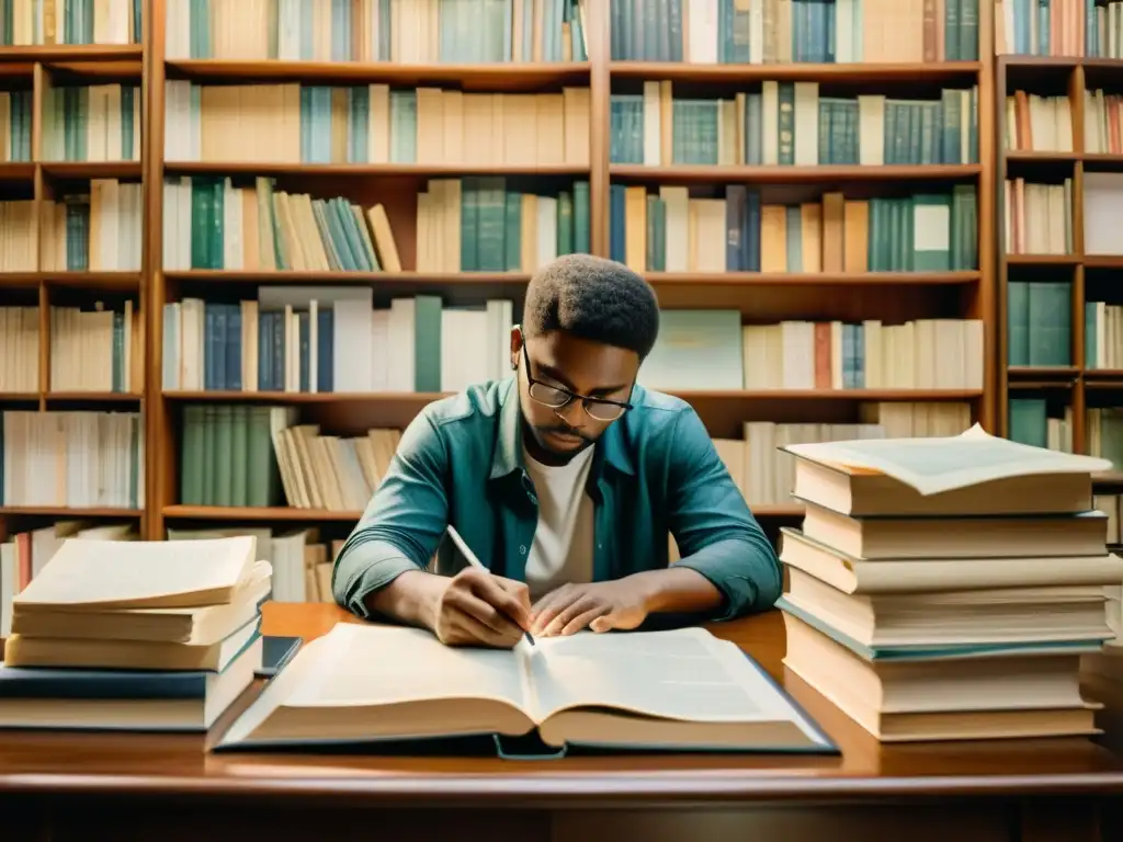 Un poeta concentrado en su escritorio rodeado de libros y papeles, en una pintura acuarela