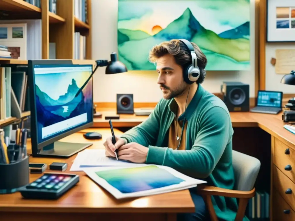 Retrato acuarela del poeta creativo Un poeta concentrado en su escritorio rodeado de equipo de grabación y herramientas de edición